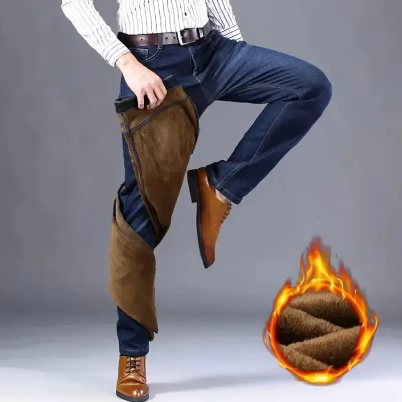 Winter Men's Casual Trend Of Golden Classic Fashion Business Jeans Padded And Thickened Cold Stretch Casual Pants