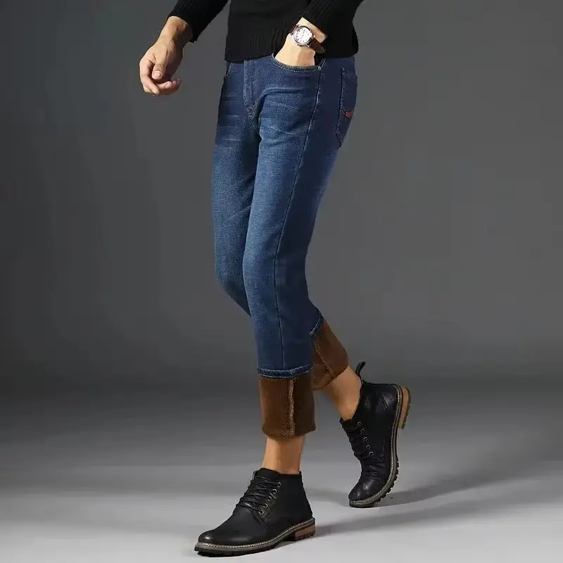Winter Men's Casual Trend Of Golden Classic Fashion Business Jeans Padded And Thickened Cold Stretch Casual Pants