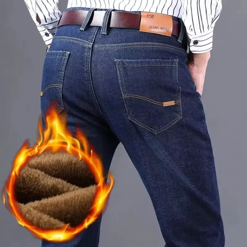 Winter Men's Casual Trend Of Golden Classic Fashion Business Jeans Padded And Thickened Cold Stretch Casual Pants