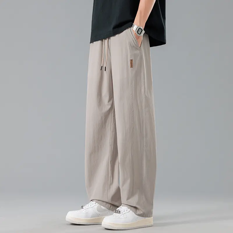 Men's Loose Straight - Leg Pants | Elastic Drawstring Waist | Small Leather Label | Casual Style  Black / Khaki / Gray