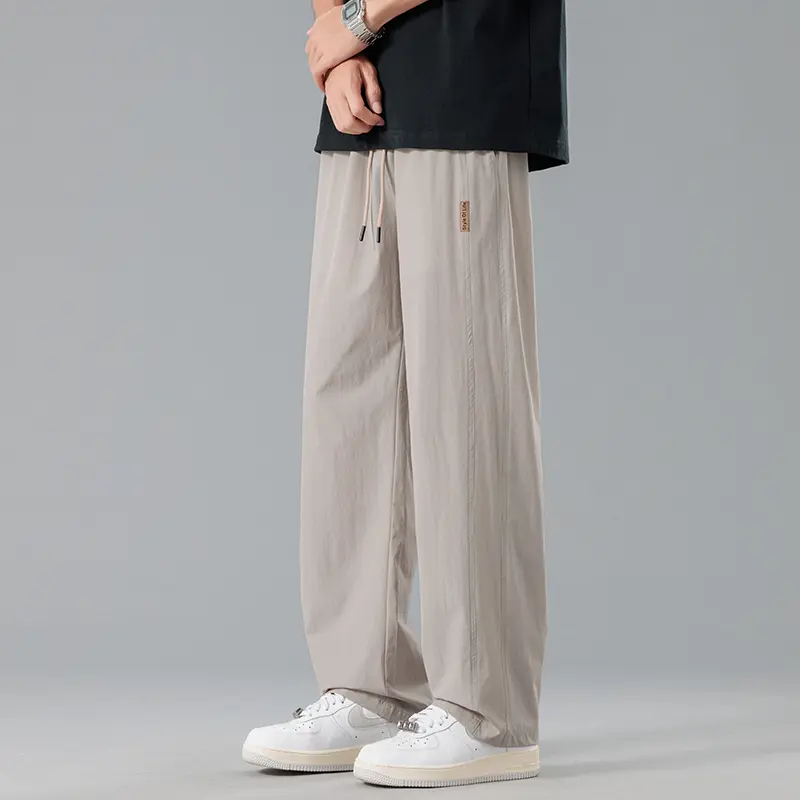 Men's Loose Straight - Leg Pants | Elastic Drawstring Waist | Small Leather Label | Casual Style  Black / Khaki / Gray