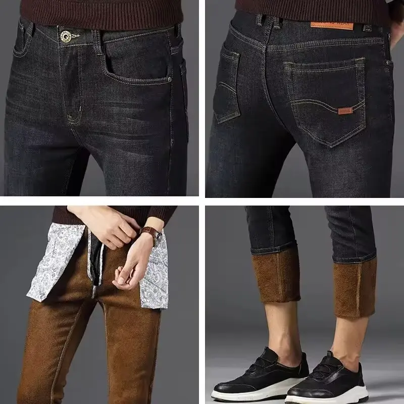 Winter Men's Casual Trend Of Golden Classic Fashion Business Jeans Padded And Thickened Cold Stretch Casual Pants