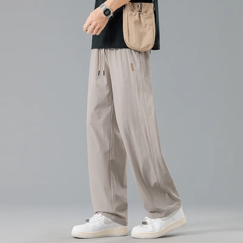 Men's Loose Straight - Leg Pants | Elastic Drawstring Waist | Small Leather Label | Casual Style  Black / Khaki / Gray