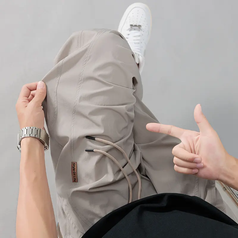 Men's Loose Straight - Leg Pants | Elastic Drawstring Waist | Small Leather Label | Casual Style  Black / Khaki / Gray
