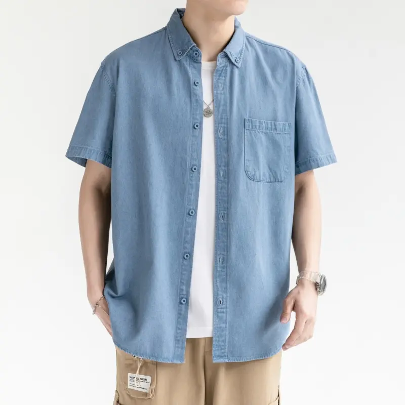 Spring And Summer New Simple Polo Collar Men's Denim Short-Sleeved Shirt Comfortable Thin Loose Casual Thin Section Shirt