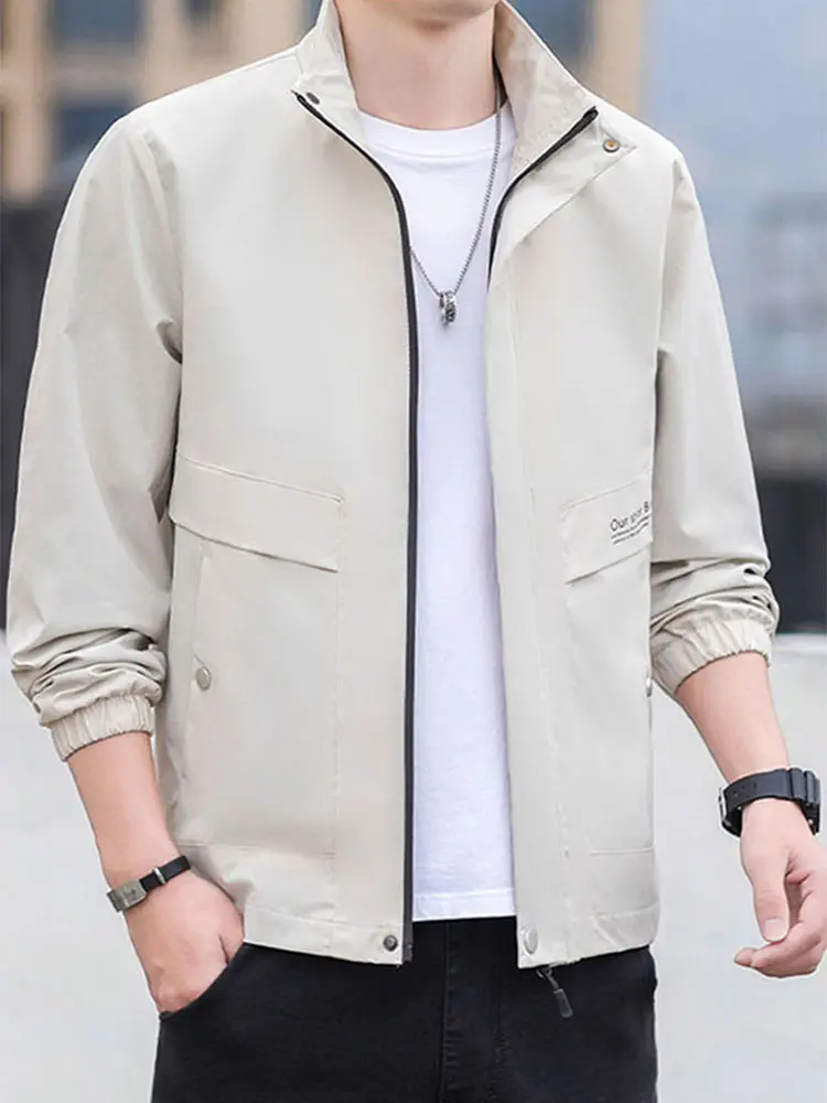 Spring And Autumn New Large Size Men's Casual Jacket Collar Long-Sleeved Letters Printed Zip Windbreaker Fashion Men's Clothing