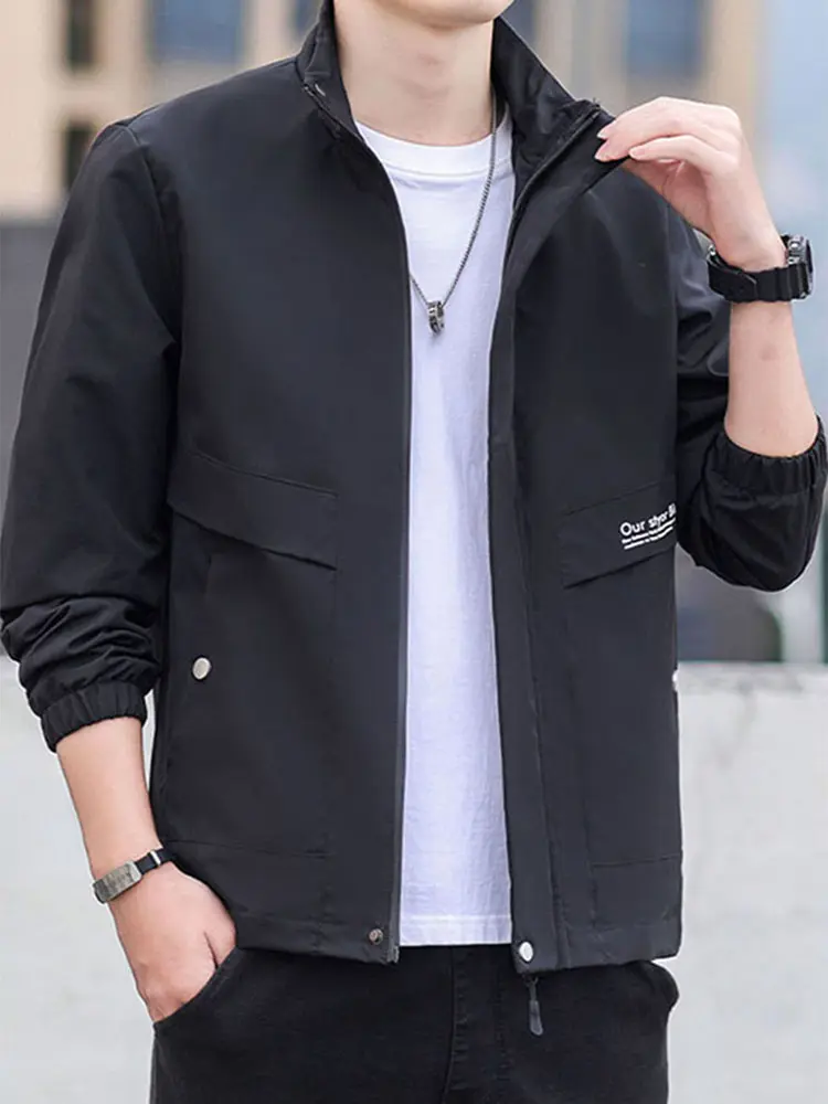 Spring And Autumn New Large Size Men's Casual Jacket Collar Long-Sleeved Letters Printed Zip Windbreaker Fashion Men's Clothing