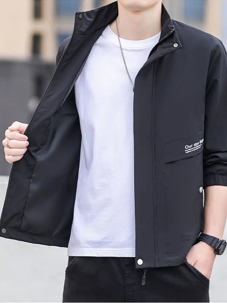 Spring And Autumn New Large Size Men's Casual Jacket Collar Long-Sleeved Letters Printed Zip Windbreaker Fashion Men's Clothing