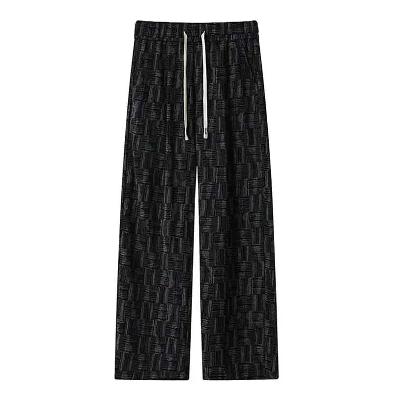 Men's four seasons trend of solid color pants fashion casual versatile drawstring plaid striped loose for travel