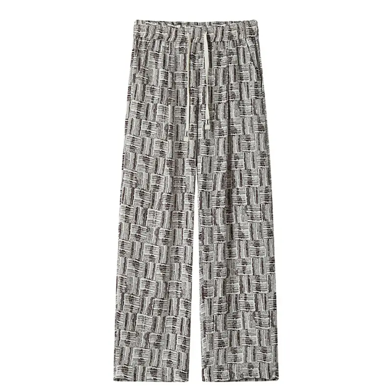 Men's four seasons trend of solid color pants fashion casual versatile drawstring plaid striped loose for travel