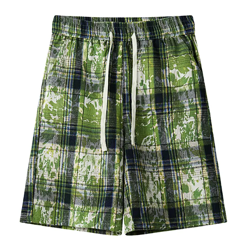 Men's summer plaid drawstring elastic waist large size trend fashion casual shorts suitable for beach sun and out shopping