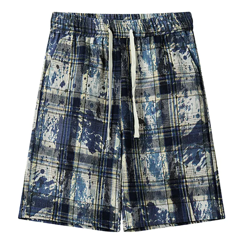 Men's summer plaid drawstring elastic waist large size trend fashion casual shorts suitable for beach sun and out shopping
