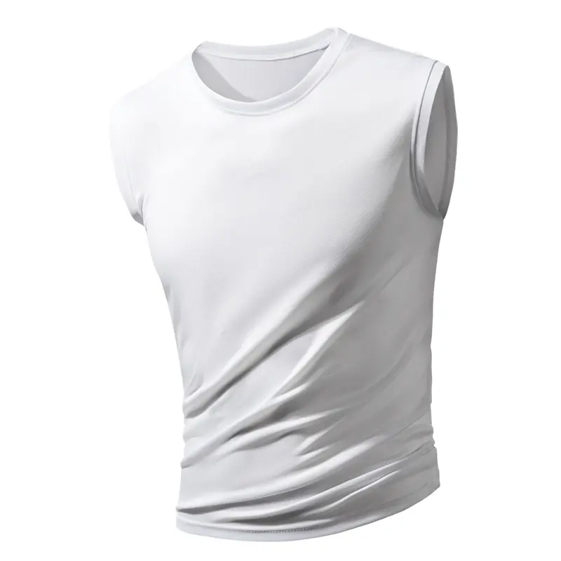 Men's new ice silk sleeveless vest fitness sports running T-shirt solid color breathable loose large size figure short sleeve