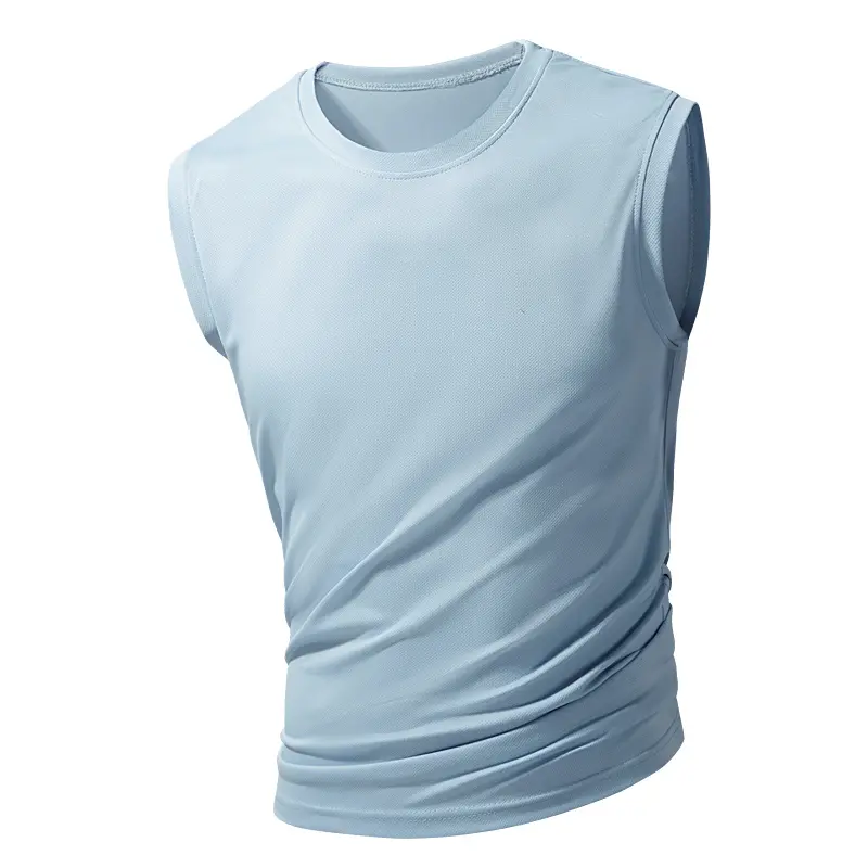 Men's new ice silk sleeveless vest fitness sports running T-shirt solid color breathable loose large size figure short sleeve
