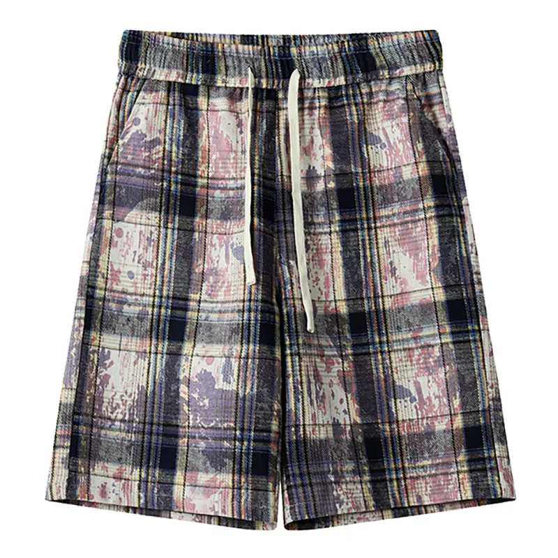 Men's summer plaid drawstring elastic waist large size trend fashion casual shorts suitable for beach sun and out shopping