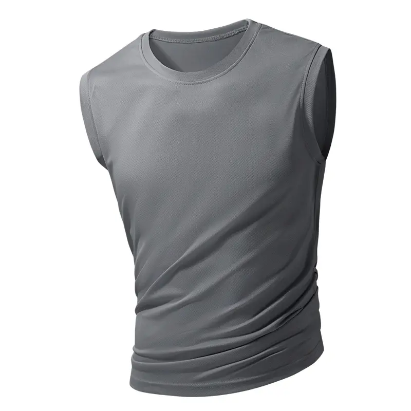 Men's new ice silk sleeveless vest fitness sports running T-shirt solid color breathable loose large size figure short sleeve