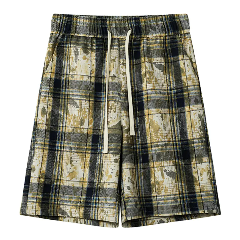 Men's summer plaid drawstring elastic waist large size trend fashion casual shorts suitable for beach sun and out shopping