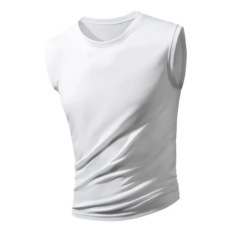 Men's new ice silk sleeveless vest fitness sports running T-shirt solid color breathable loose large size figure short sleeve