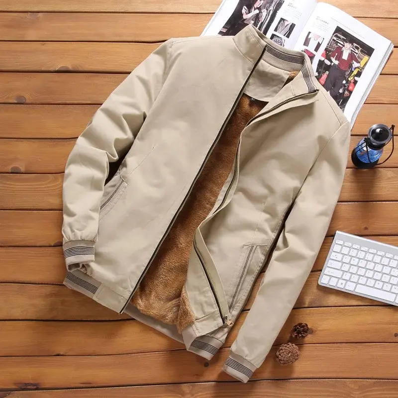Autumn And Winter New Men's Fashion Aviator Jacket Fleece Thickened Warm Baseball Jacket Solid Color Zipper Large Size Top M-5XL