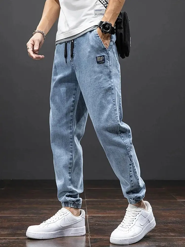 Men's Spring Summer Slim-Fit Street Jeans Loose Waist Casual Pants Trend Everything Solid Color Plus Size 6xl 7xl 8xl