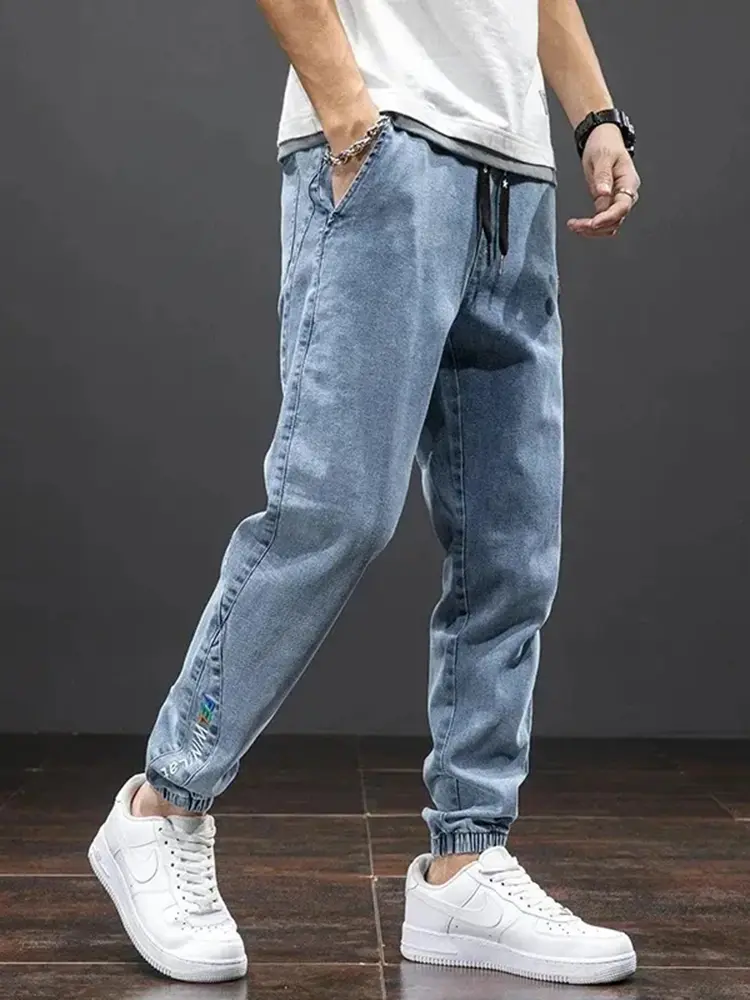 Men's Spring Summer Slim-Fit Street Jeans Loose Waist Casual Pants Trend Everything Solid Color Plus Size 6xl 7xl 8xl