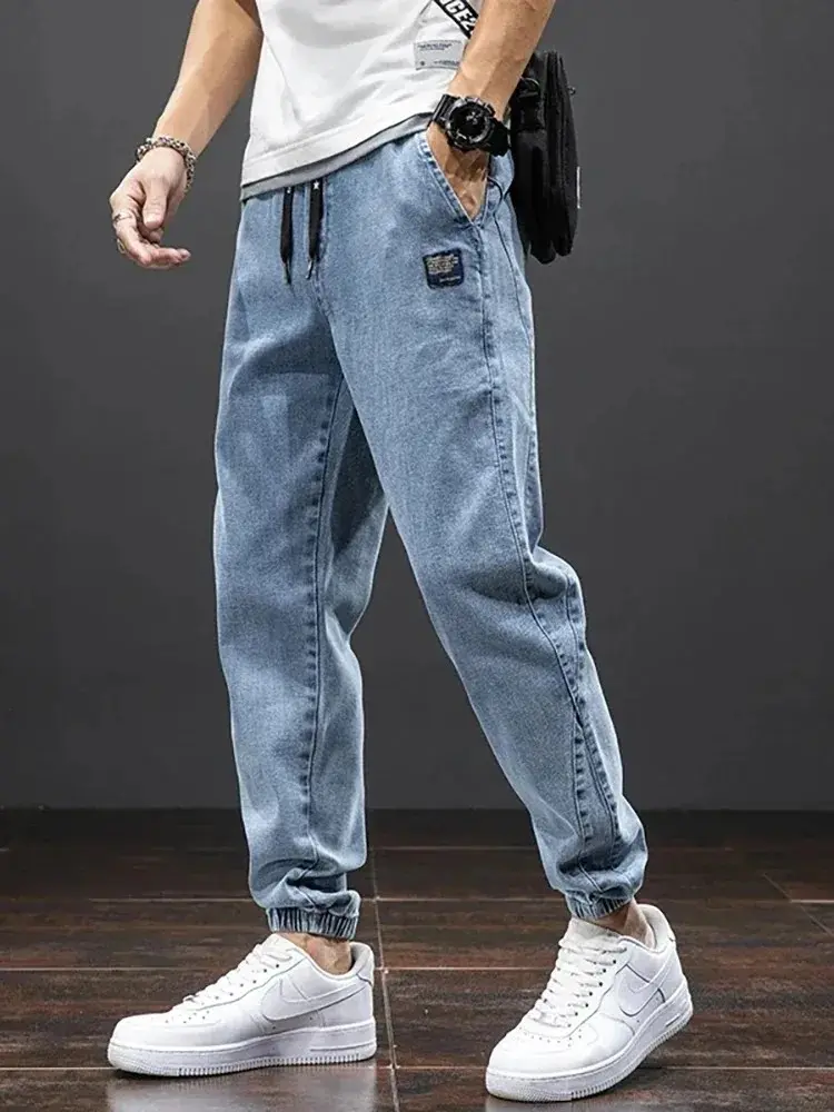 Men's Spring Summer Slim-Fit Street Jeans Loose Waist Casual Pants Trend Everything Solid Color Plus Size 6xl 7xl 8xl