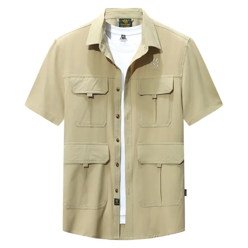 Summer New Men's Short-Sleeved Shirt Solid Color Breathable Work Tops Fashion Quick-Drying Multi-Pocket Men's Clothing