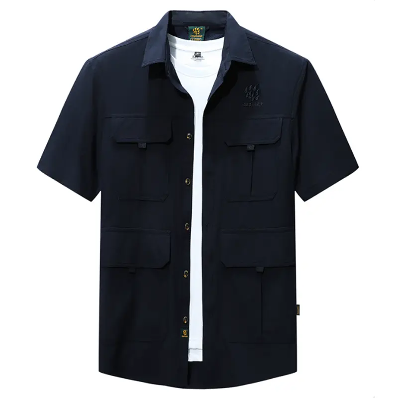 Summer New Men's Short-Sleeved Shirt Solid Color Breathable Work Tops Fashion Quick-Drying Multi-Pocket Men's Clothing