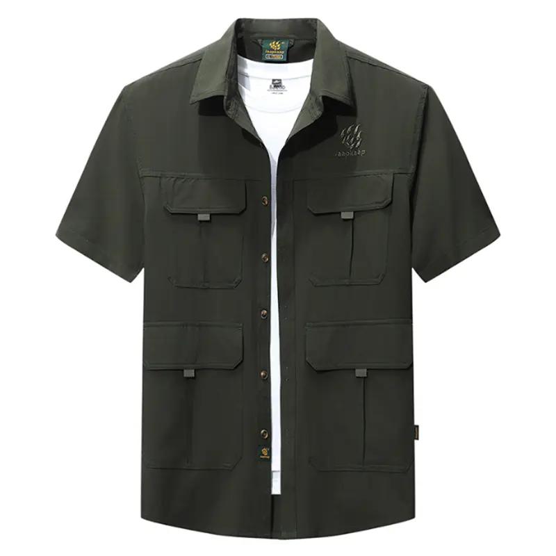 Summer New Men's Short-Sleeved Shirt Solid Color Breathable Work Tops Fashion Quick-Drying Multi-Pocket Men's Clothing