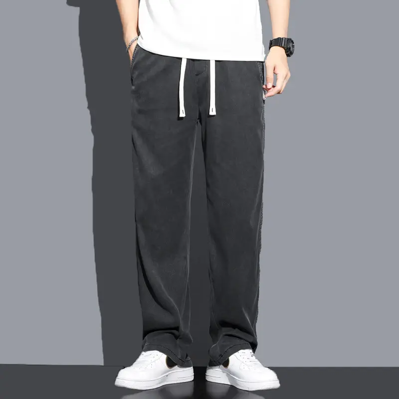 Men's Soft Lyocell Fabric Jeans, Thin Loose Straight Pants, Drawstring Elastic Waist, Korea Casual Trousers, Summer, Plus Size
