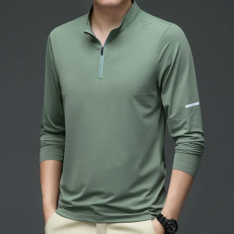 New Men's Casual Business T-Shirt Long-Sleeved Solid Color Loose Elastic Tops Quick-Drying Ice Silk Stand-Up Collar Men's