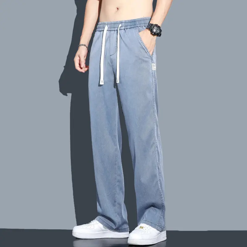 Men's Soft Lyocell Fabric Jeans, Thin Loose Straight Pants, Drawstring Elastic Waist, Korea Casual Trousers, Summer, Plus Size