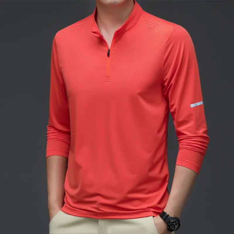 New Men's Casual Business T-Shirt Long-Sleeved Solid Color Loose Elastic Tops Quick-Drying Ice Silk Stand-Up Collar Men's