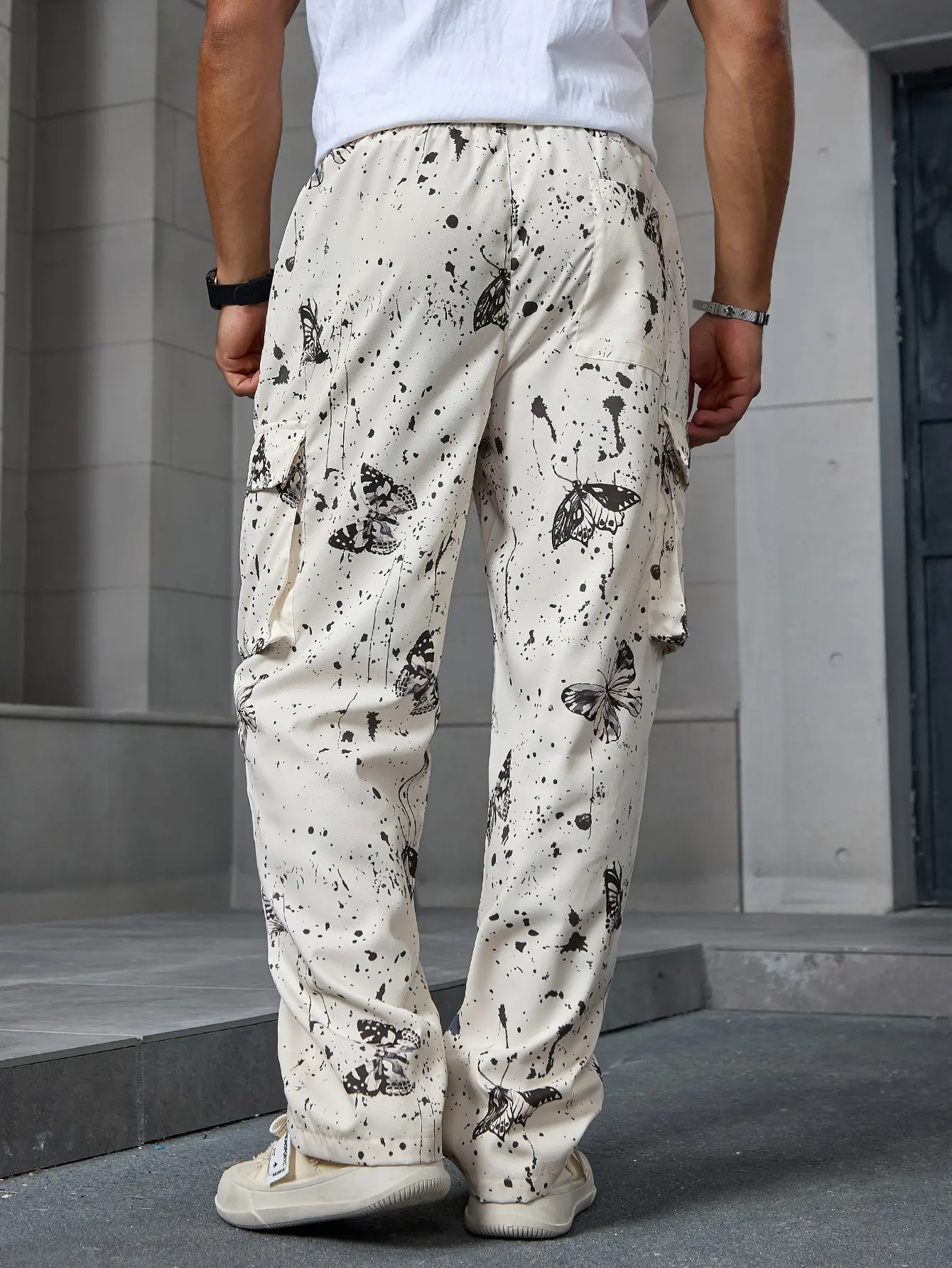TRAF Spring Summer New Men's Ink Printed Wide Leg Pants Fashion Casual High Street Trousers Elastic Waist Drawstring Menswear