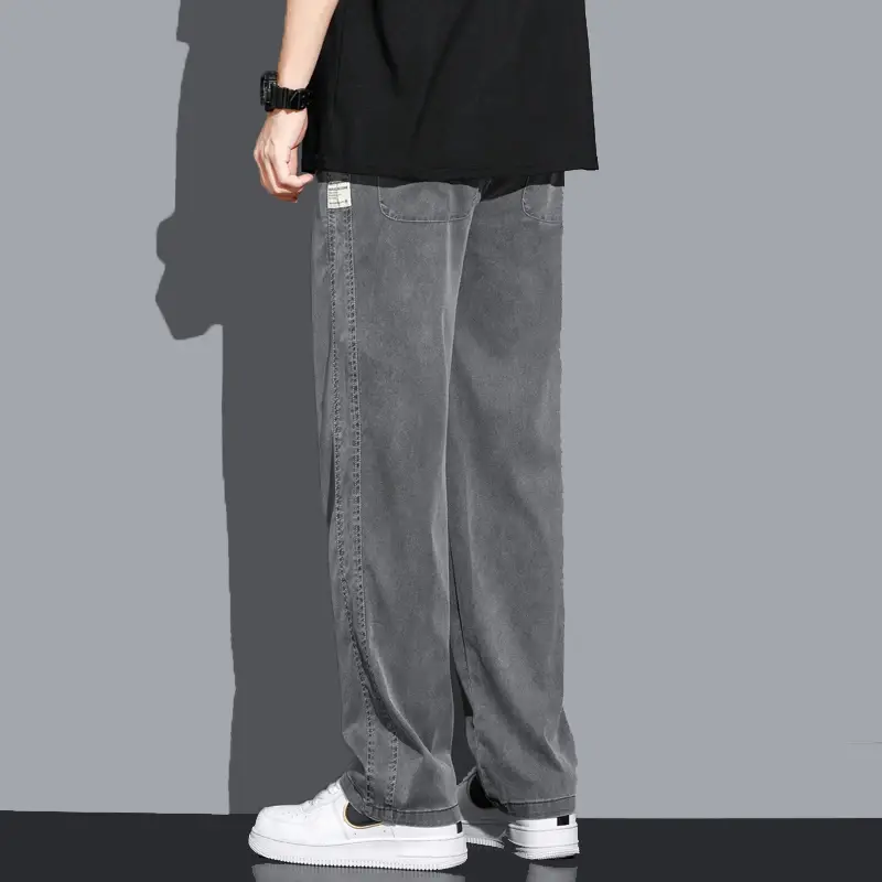 Men's Soft Lyocell Fabric Jeans, Thin Loose Straight Pants, Drawstring Elastic Waist, Korea Casual Trousers, Summer, Plus Size