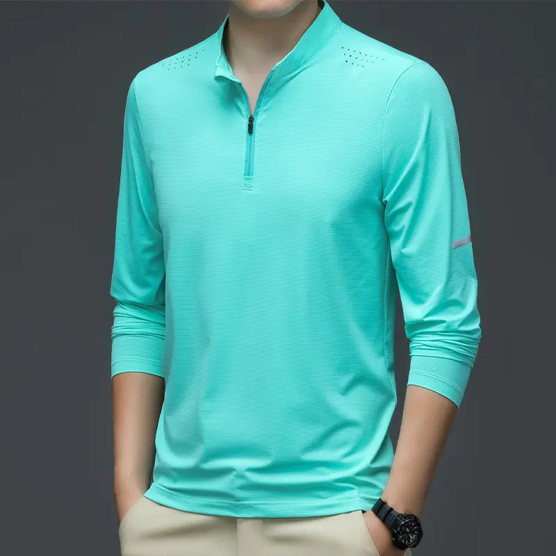 New Men's Casual Business T-Shirt Long-Sleeved Solid Color Loose Elastic Tops Quick-Drying Ice Silk Stand-Up Collar Men's