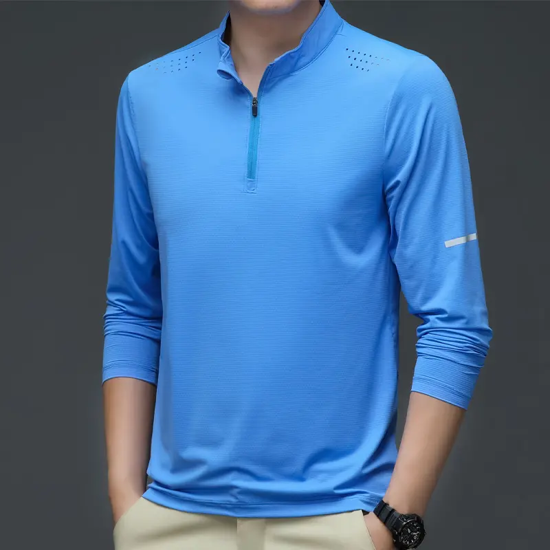New Men's Casual Business T-Shirt Long-Sleeved Solid Color Loose Elastic Tops Quick-Drying Ice Silk Stand-Up Collar Men's