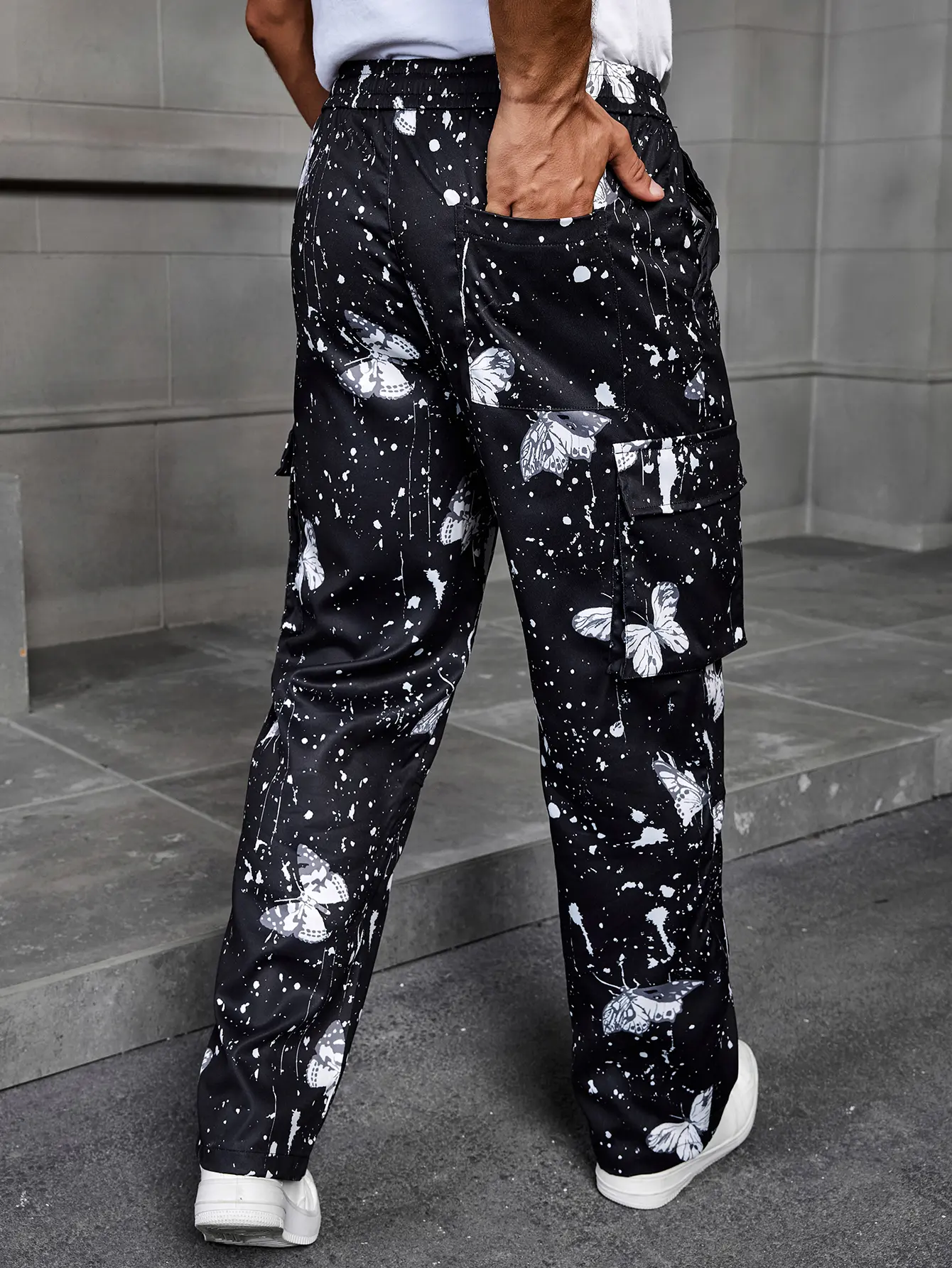 TRAF Spring Summer New Men's Ink Printed Wide Leg Pants Fashion Casual High Street Trousers Elastic Waist Drawstring Menswear