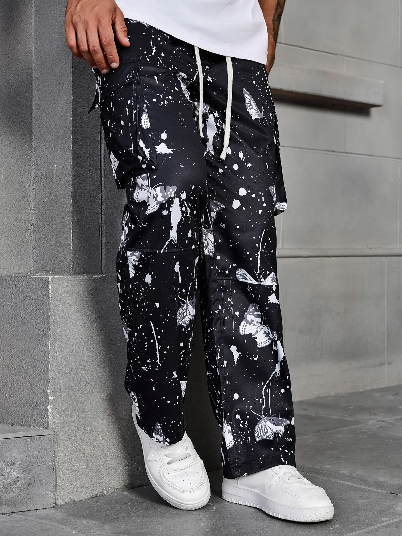 TRAF Spring Summer New Men's Ink Printed Wide Leg Pants Fashion Casual High Street Trousers Elastic Waist Drawstring Menswear