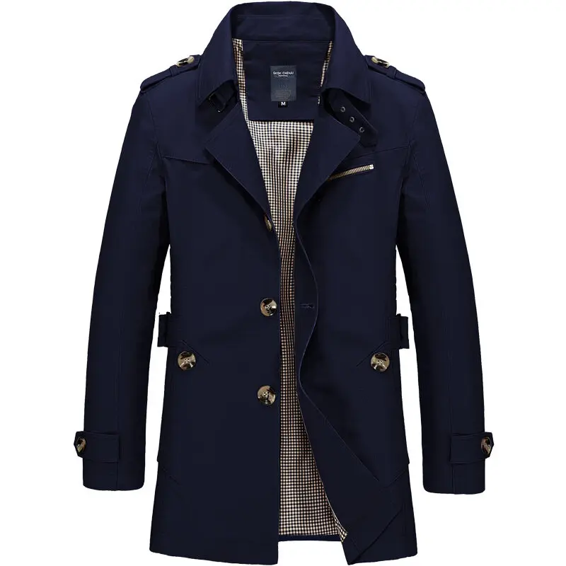 2025 New Men's Fashion Casual Trench Coat Jacket Pure Color Big Yards Long-Sleeved Business Men's Streetwear Jacket