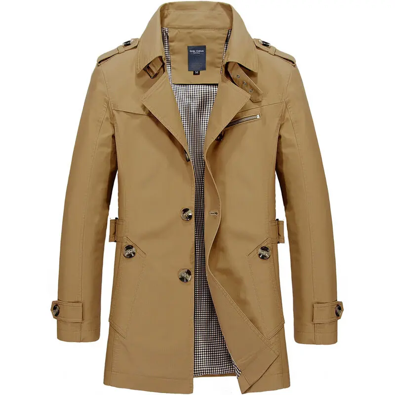 2025 New Men's Fashion Casual Trench Coat Jacket Pure Color Big Yards Long-Sleeved Business Men's Streetwear Jacket