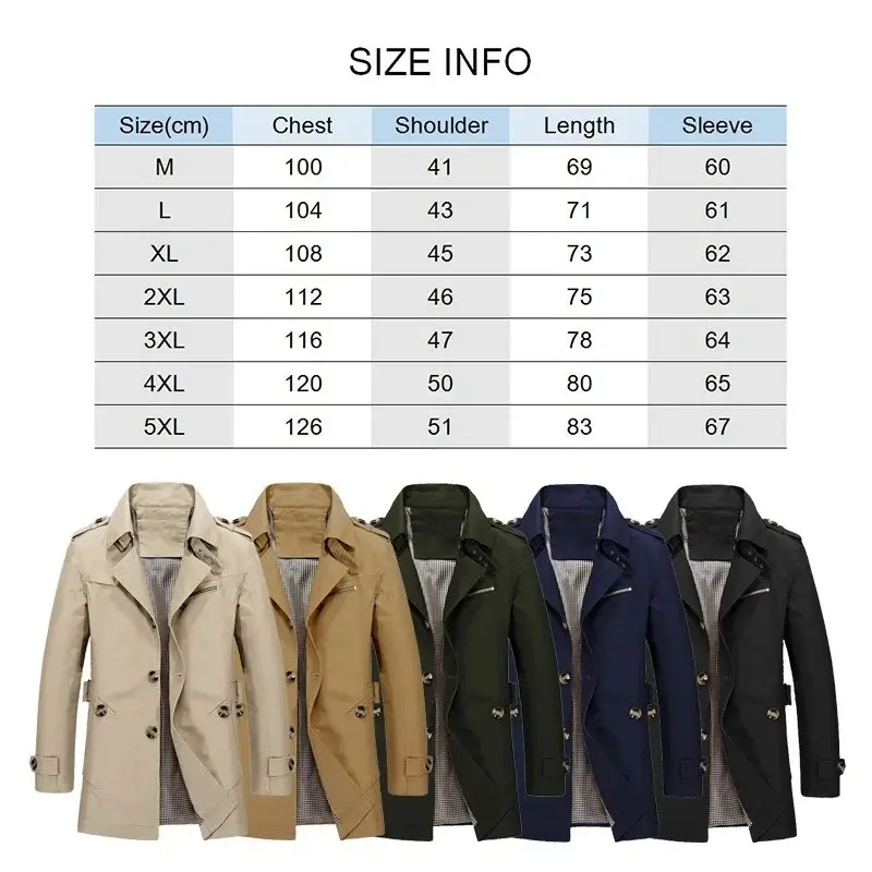 2025 New Men's Fashion Casual Trench Coat Jacket Pure Color Big Yards Long-Sleeved Business Men's Streetwear Jacket