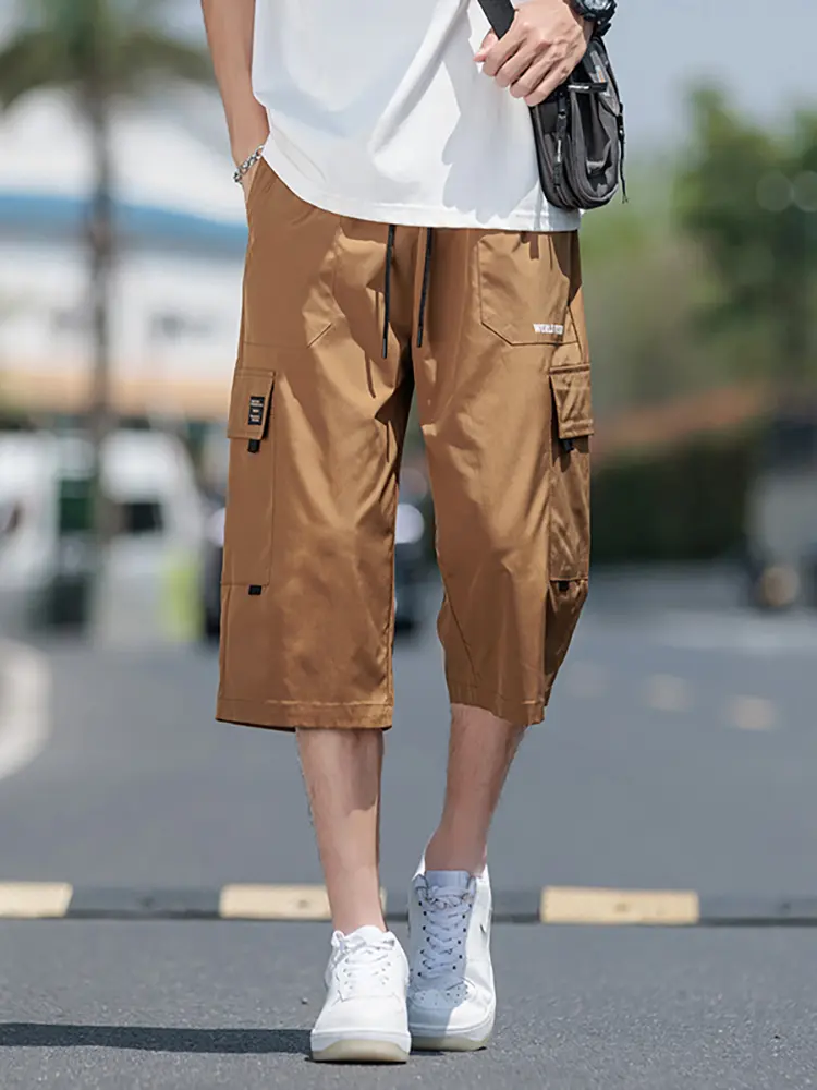 TRAF 2025 new summer men's workwear large size multi-pocket trend of ice silk seven-minute pants outdoor sports casual shorts