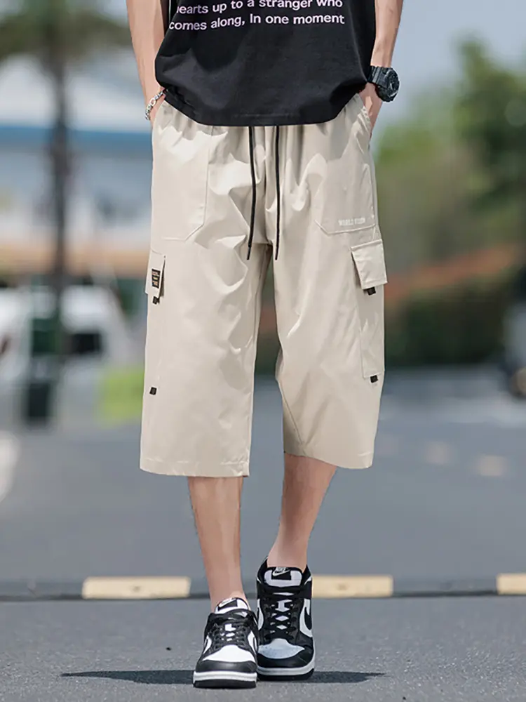 TRAF 2025 new summer men's workwear large size multi-pocket trend of ice silk seven-minute pants outdoor sports casual shorts