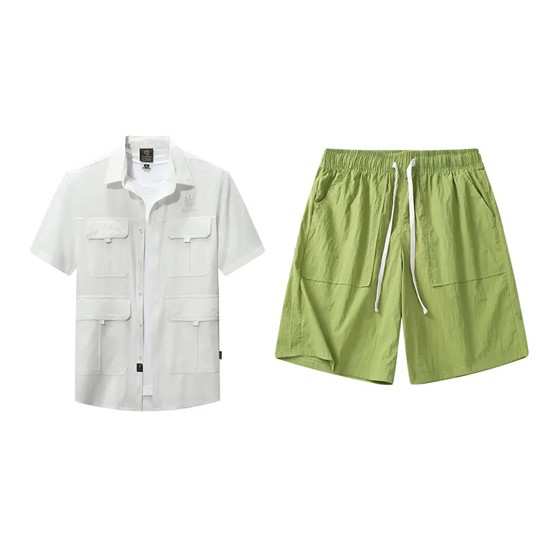 Men's Outdoor-Inspired Set Short - Sleeved Utility Shirt and Elastic-Waist Shorts Ideal for Casual and Adventure-Ready Look