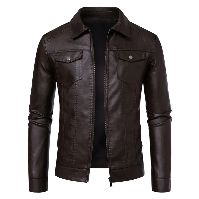 TRAF All-Weather Men's Leather Coat Wind-Resistant Leather Secure Double - Zipper Closure Suitable for Chilly and Blustery Days