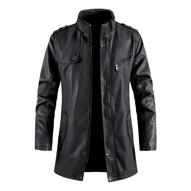 Coat Long Outwear Fashion Warm Casual Vintage Clothing Men Biker Jackets New Mens Long Slim Thick Fleece Winter Leather Jacket