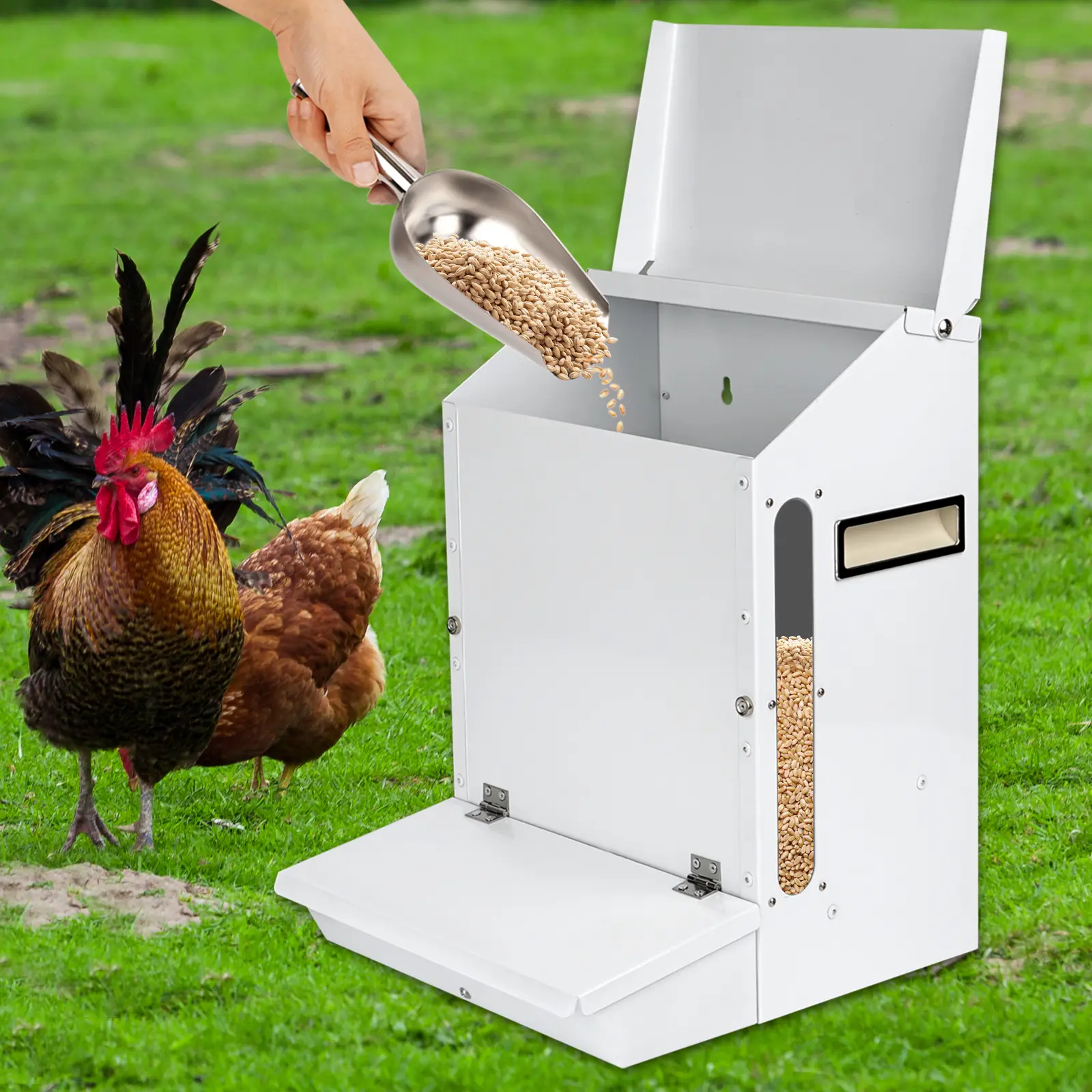 Automatic Galvanized Poultry Feeder Outdoor Hanging Chicken Feeder with Lid Food Dispenser Weatherproof Chicken Feeders No Waste