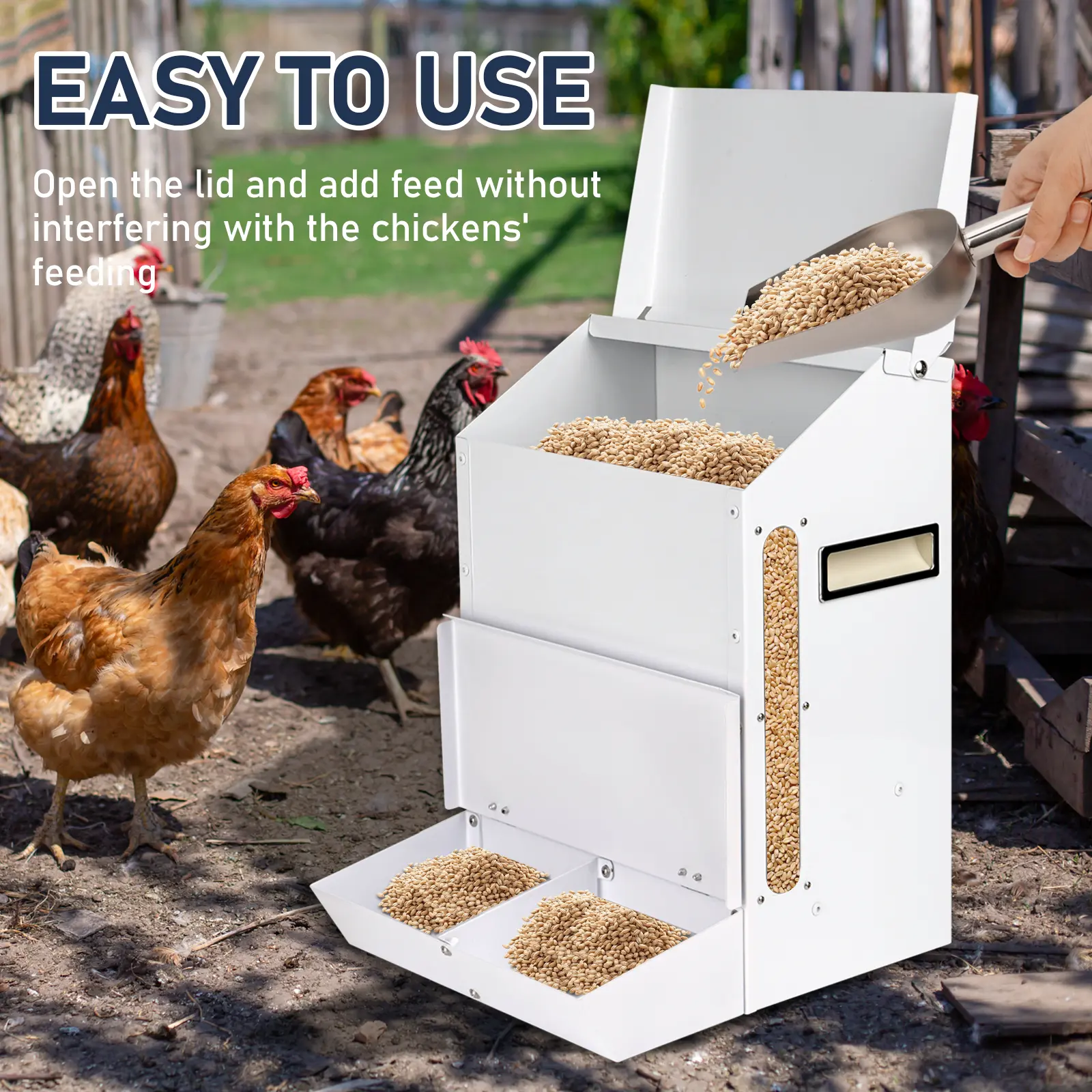 Automatic Galvanized Poultry Feeder Outdoor Hanging Chicken Feeder with Lid Food Dispenser Weatherproof Chicken Feeders No Waste