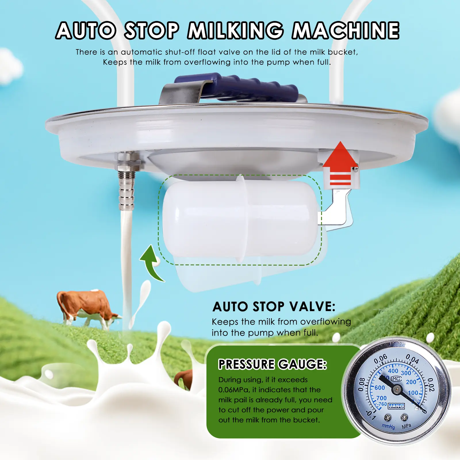 8L Cow Goat Milking Machine Stainless Steel Bucket Electric Automatic Pulsation Cups Tubes Adjustable Suction for Cows Sheep